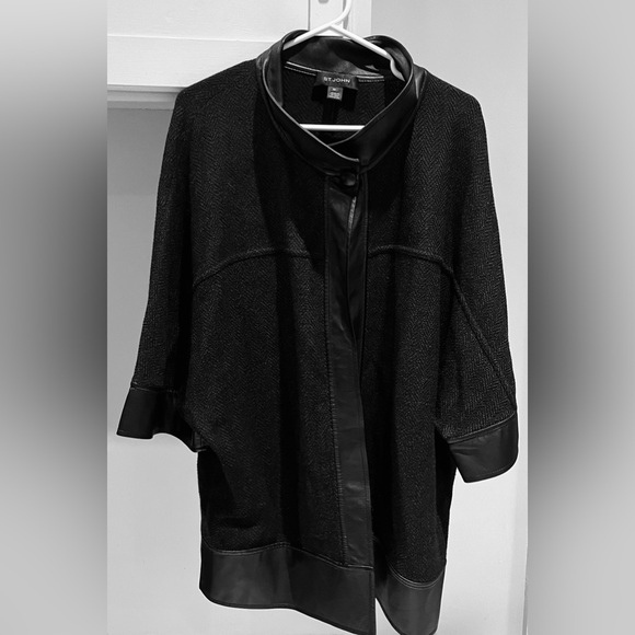 St. John Knit Leather Trimmed Sweater Jacket - Picture 4 of 7